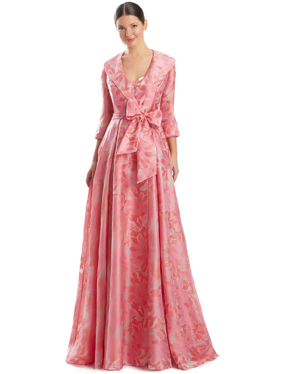 Rosy pink floral organza with portrait collar and matching belted bow Rosy pink floral organza with portrait collar and matching belted bow