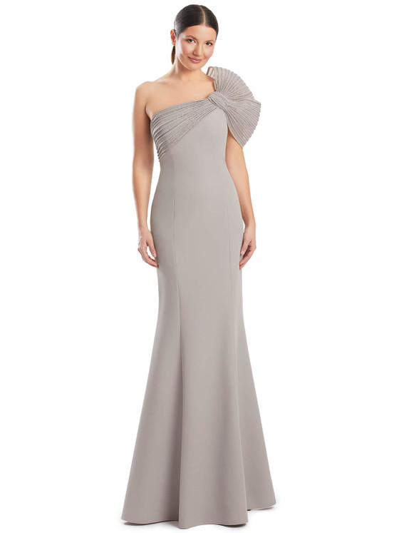 Sleek taupe gown with dramatic pleated fan and sculpted one-shoulder neckline Sleek taupe gown with dramatic pleated fan and sculpted one-shoulder neckline