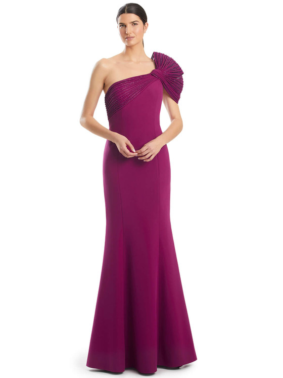 Modern magenta gown with beaded pleats fanning across the shoulder