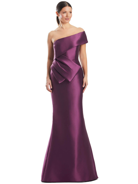 Asymmetrical neckline with sculpted pleats and luxe plum mikado finish Asymmetrical neckline with sculpted pleats and luxe plum mikado finish
