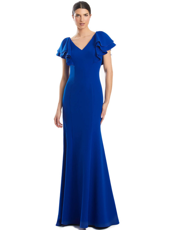 Flutter sleeves trimmed in crystals add soft movement to this sleek royal blue gown Flutter sleeves trimmed in crystals add soft movement to this sleek royal blue gown