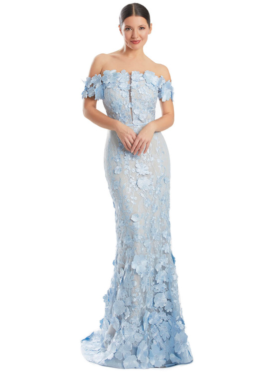 Sheer illusion gown with soft blue 3D floral appliqués and off-shoulder neckline Sheer illusion gown with soft blue 3D floral appliqués and off-shoulder neckline