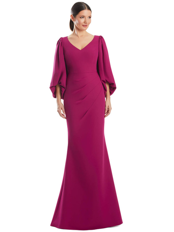 Bold fuchsia gown with pleated flutter sleeves and angled waist detail Bold fuchsia gown with pleated flutter sleeves and angled waist detail