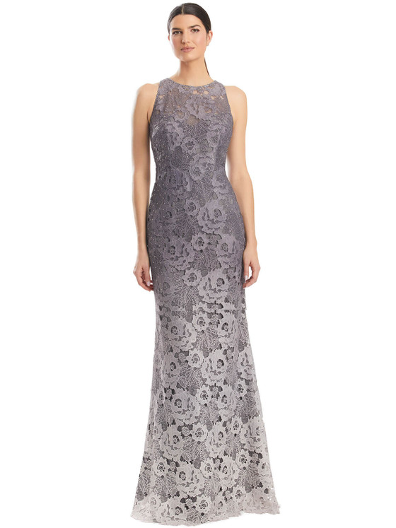 High neckline gown in silver floral lace fading into soft pearl tones High neckline gown in silver floral lace fading into soft pearl tones