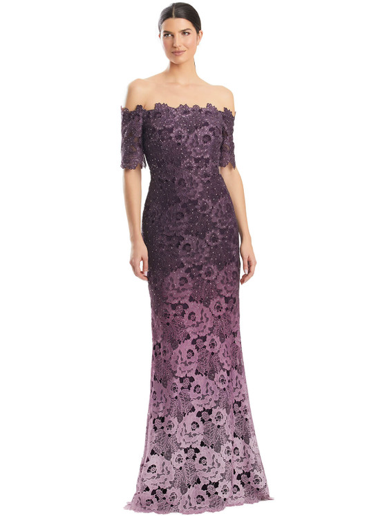 Off-shoulder floral lace fades from deep plum to soft lavender in a slim silhouette Off-shoulder floral lace fades from deep plum to soft lavender in a slim silhouette