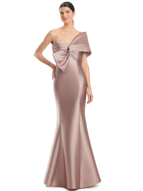 Sculpted satin gown with oversized bow and pleated waistline drama Sculpted satin gown with oversized bow and pleated waistline drama
