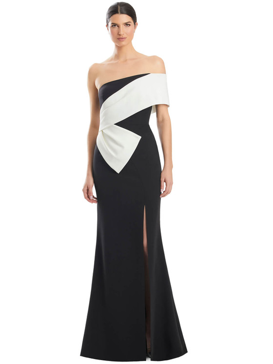 Modern black gown with sculptural white off-shoulder fold and front slit Modern black gown with sculptural white off-shoulder fold and front slit