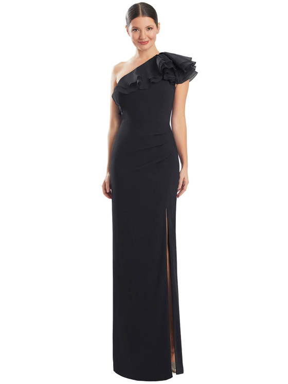 Sleek black one-shoulder gown with cascading ruffle and side slit Sleek black one-shoulder gown with cascading ruffle and side slit