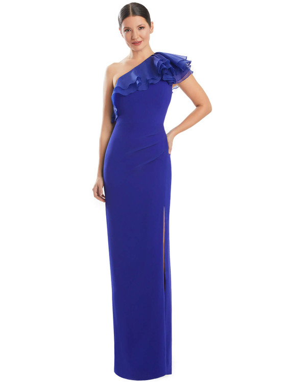 Bold cobalt gown features a ruffled neckline and fitted silhouette with a high slit for added flair
