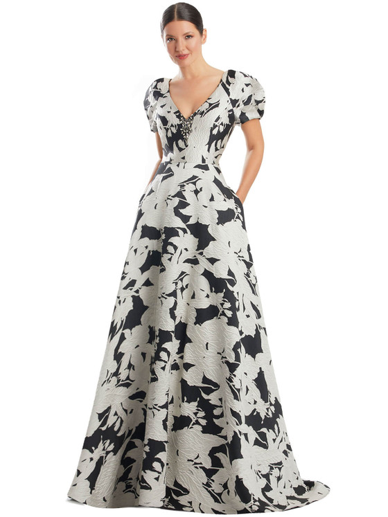 Bold black and ivory floral jacquard gown with flattering V-neck and beaded accent Bold black and ivory floral jacquard gown with flattering V-neck and beaded accent