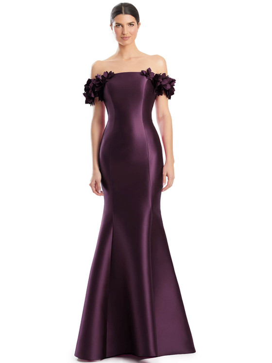 Plum satin gown with 3D floral off-shoulder sleeves and sculpted silhouette Plum satin gown with 3D floral off-shoulder sleeves and sculpted silhouette