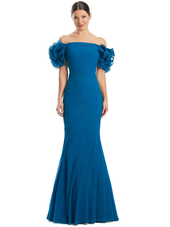 Teal off-shoulder gown with pleated bodice and ruffled puff sleeves Teal off-shoulder gown with pleated bodice and ruffled puff sleeves