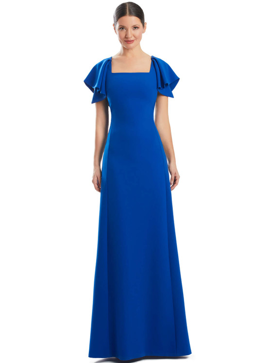 Royal blue gown with square neckline and soft flutter sleeves. Royal blue gown with square neckline and soft flutter sleeves.
