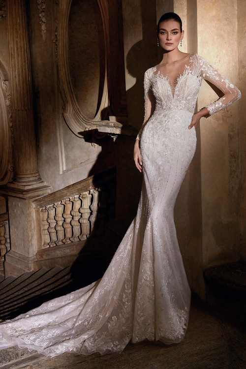Illusion lace sleeves and a plunging neckline elevate this fitted gown with floral embroidery and a sweeping train Illusion lace sleeves and a plunging neckline elevate this fitted gown with floral embroidery and a sweeping train
