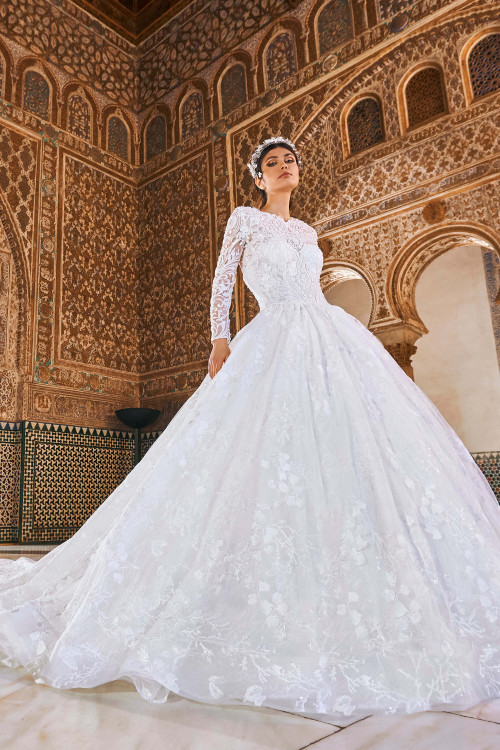 Regal lace ballgown with a detachable lace long sleeve Bolero and shimmering floral embroidery Regal lace ballgown with a detachable lace long sleeve Bolero and shimmering floral embroidery