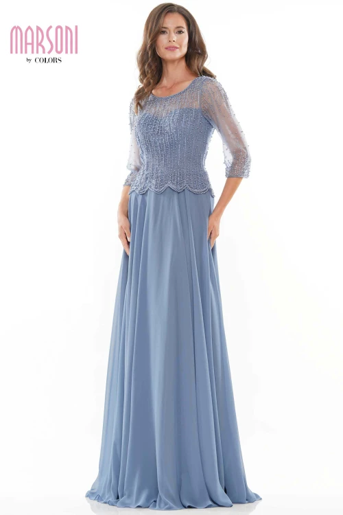 Front view Marsoni M312 slate blue mother of the groom dress