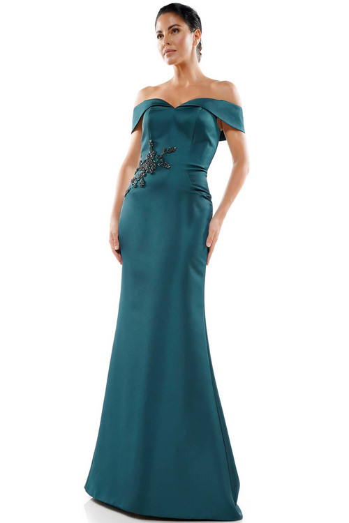 Front view Marsoni MV1003 deep green satin mother of the bride dress