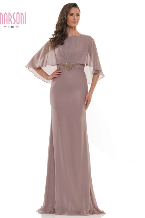 Front view Marsoni MV1130 taupe foil chiffon mother of the bride dress