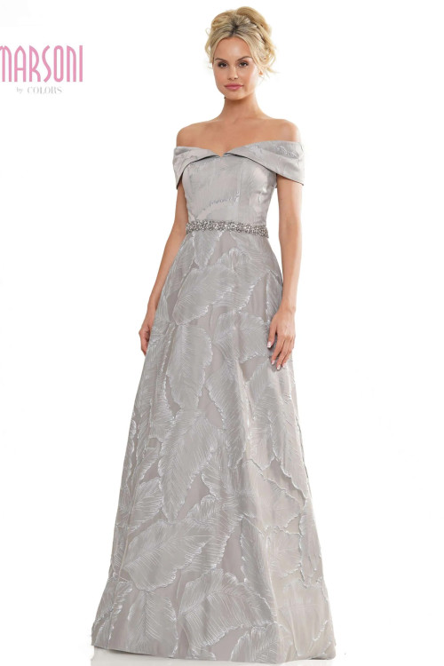Front view of Marsoni MV1265 champagne jacquard mother of the groom gown