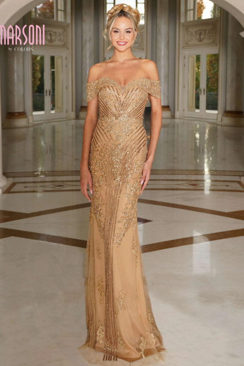 Front view of Marsoni MV1275 gold beaded mother of the bride gown