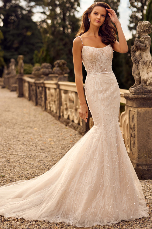 Trumpet gown with beaded lace detailing and dainty spaghetti straps Trumpet gown with beaded lace detailing and dainty spaghetti straps