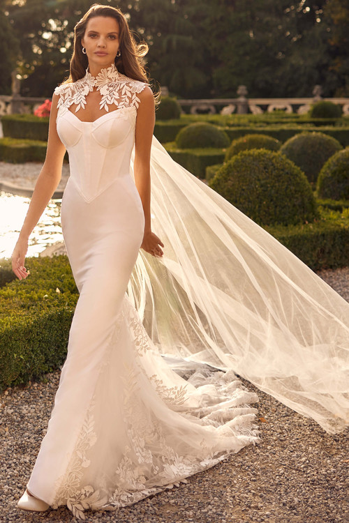 Crepe fit-and-flare gown with cat-eye neckline and floral lace tulle skirt Crepe fit-and-flare gown with cat-eye neckline and floral lace tulle skirt
