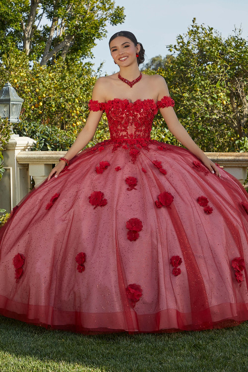 Sangria Blush ball gown with floral embroidery and sparkle tulle