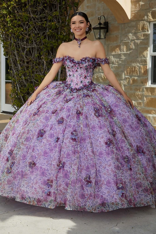 Orchid Garden ball gown with floral printed tulle and 3D floral appliqués