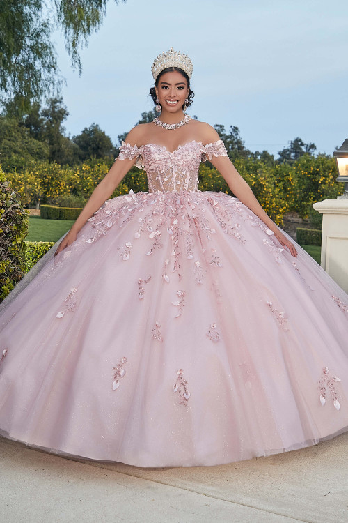 Blush Rose Gold ball gown with glitter floral embroidery and crystal beading