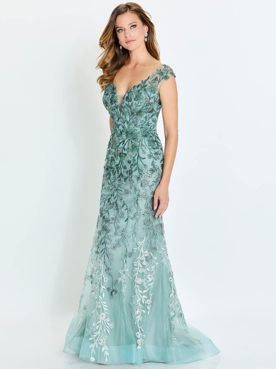 Front view of Montage M522 sage embroidered tulle mother of the groom dress