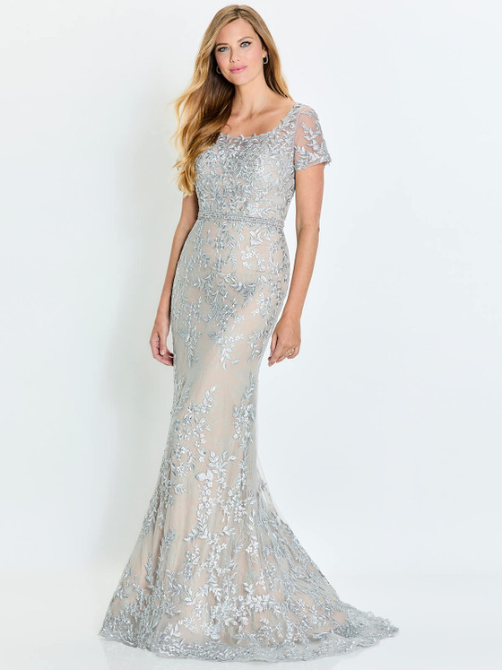 Front view of Montage M529 silver and nude embroidered tulle mother of the bride dress
