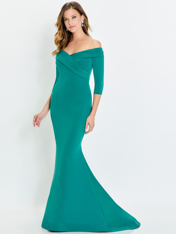Front view of Montage M540 peacock crepe mother of the bride dress