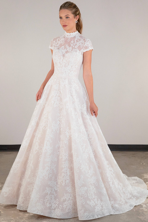 Delicate lace and a high neckline blend timeless charm with modern bridal elegance Delicate lace and a high neckline blend timeless charm with modern bridal elegance