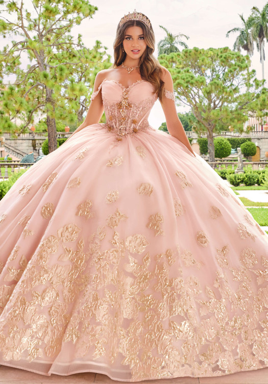 Blush Gold brocade ball gown with sweetheart neckline