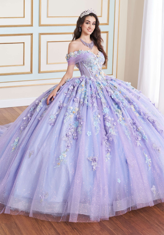 Orchid ball gown with 3D floral appliqué and glitter tulle