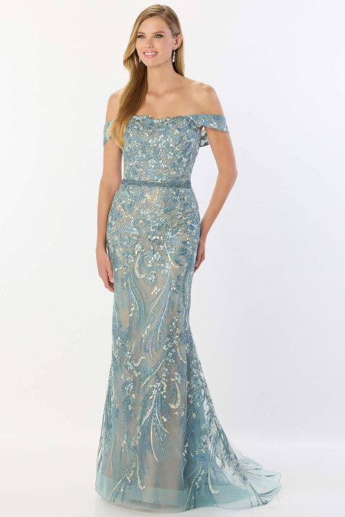 Front view of Aqua Montage M2230 embroidered lace mother of the bride dress