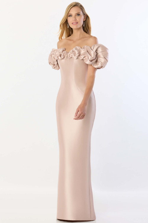 Front view of Petal Montage M2233 Mikado mother of the bride dress with ruffle neckline