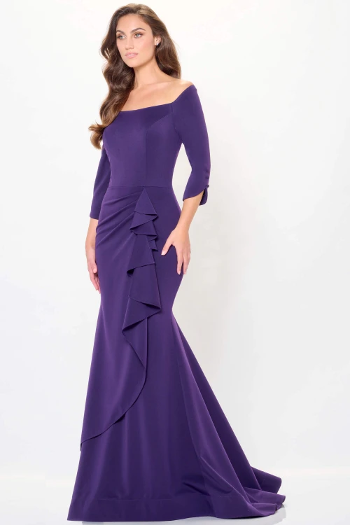 Front view of Dark Amethyst Montage M916 crepe mother dress with three-quarter sleeves
