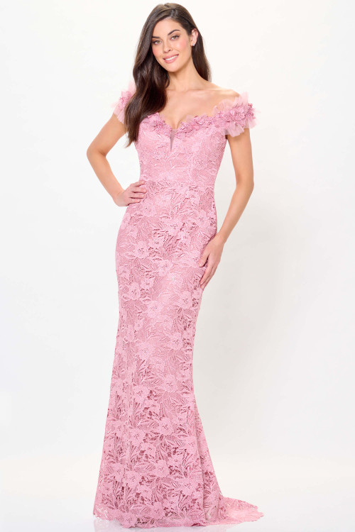 Front view of Rose Montage M917 lace mother dress with off-the-shoulder ruffle straps