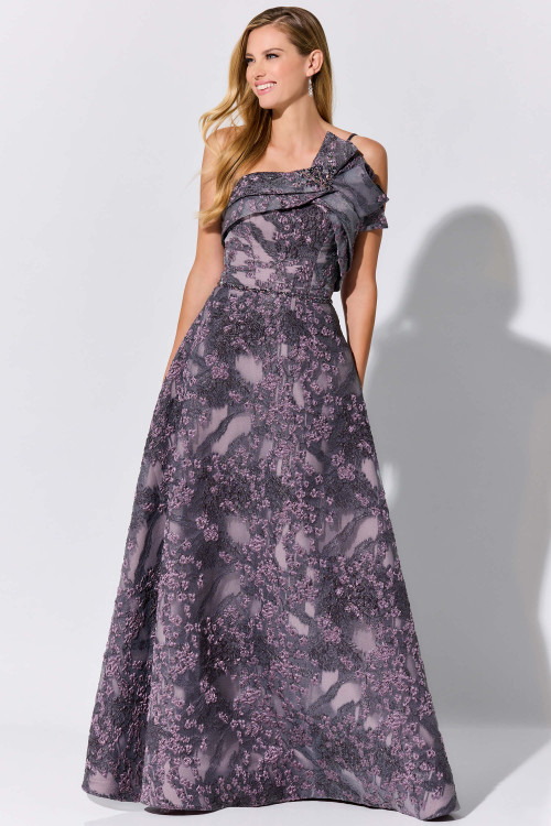 Brocade organza gown features sculpted one-shoulder ruffles and lavender floral texture in a flowing A-line Brocade organza gown features sculpted one-shoulder ruffles and lavender floral texture in a flowing A-line