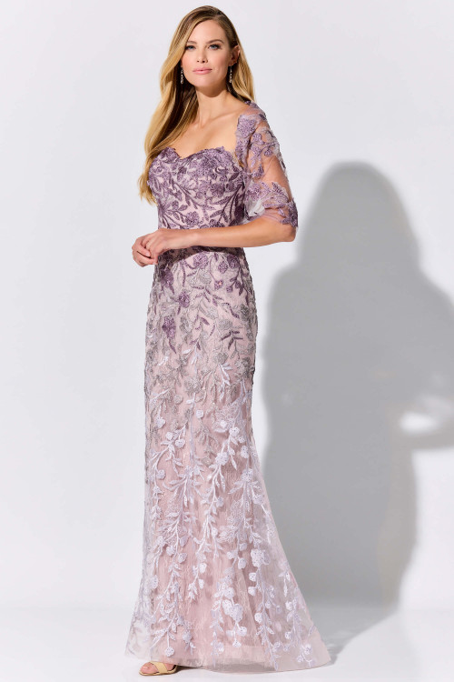 Lavender lace blooms over nude mesh in this soft gown with sheer floral shawl Lavender lace blooms over nude mesh in this soft gown with sheer floral shawl