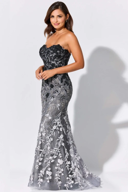 Front view of smoke Ivonne D ID316 lace mermaid mother of the bride dress