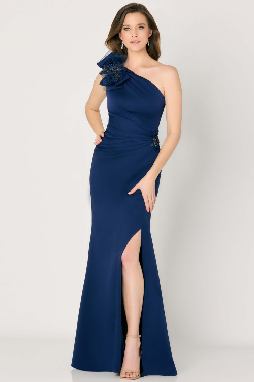Chic one-shoulder gown with floral shoulder appliqué and flattering ruched waist Chic one-shoulder gown with floral shoulder appliqué and flattering ruched waist