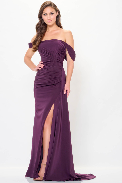 Off-shoulder plum gown with flattering ruching and thigh-high slit