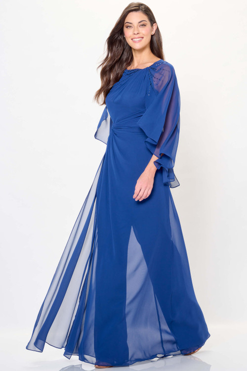 Chiffon pant-suit gown with flutter sleeves, gathered waist, and tonal beading at the neckline Chiffon pant-suit gown with flutter sleeves, gathered waist, and tonal beading at the neckline