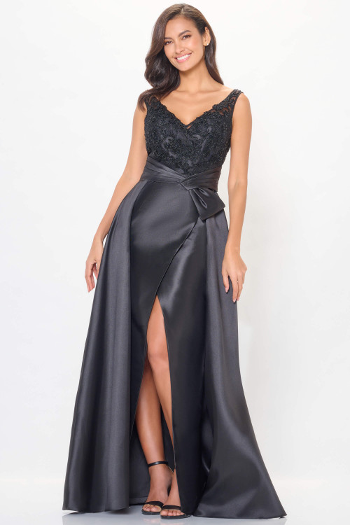 Beaded lace bodice and wrapped satin skirt with slit, and detachable train define this black evening gown Beaded lace bodice and wrapped satin skirt with slit, and detachable train define this black evening gown