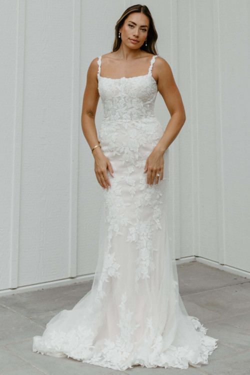 Floral lace sheath gown with scoop neckline and textured appliqué straps Floral lace sheath gown with scoop neckline and textured appliqué straps