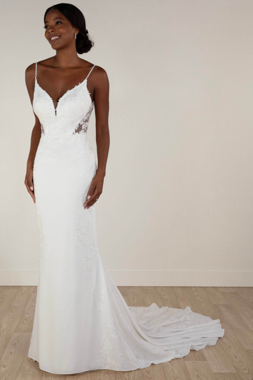 Sleek floral lace glides over sheer side cutouts and a plunging neckline Sleek floral lace glides over sheer side cutouts and a plunging neckline