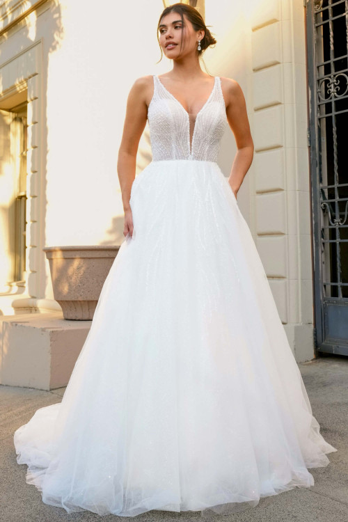 Beaded plunge bodice with sparkle tulle A-line skirt Beaded plunge bodice with sparkle tulle A-line skirt