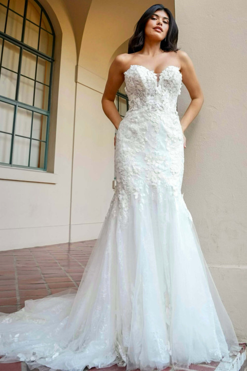 Strapless lace mermaid gown with plunging neckline and 3D florals Strapless lace mermaid gown with plunging neckline and 3D florals